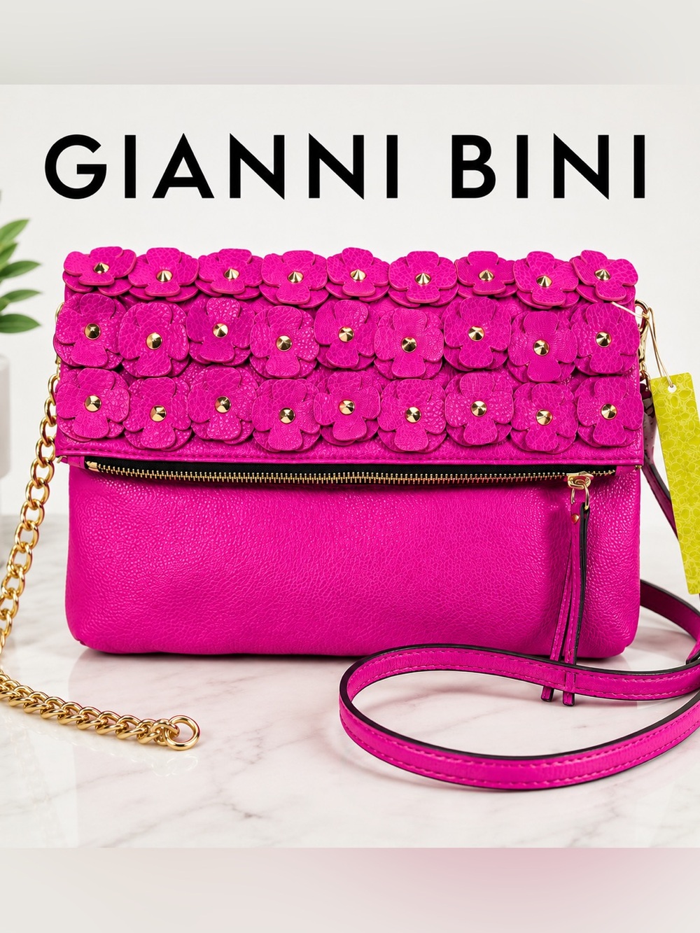 Gianni Bini NWT Hot Pink Floral Appliqué Crossbody Bag Gold Chain